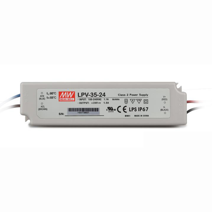 LPV-35-24 36Watt AC90～264V Input Mean Well High-efficacy Waterproof DC24V UL-Listed LED Display Lighting Power Supply